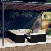 vidaXL 13 Piece Garden Lounge Set with Cushions Black Poly Rattan