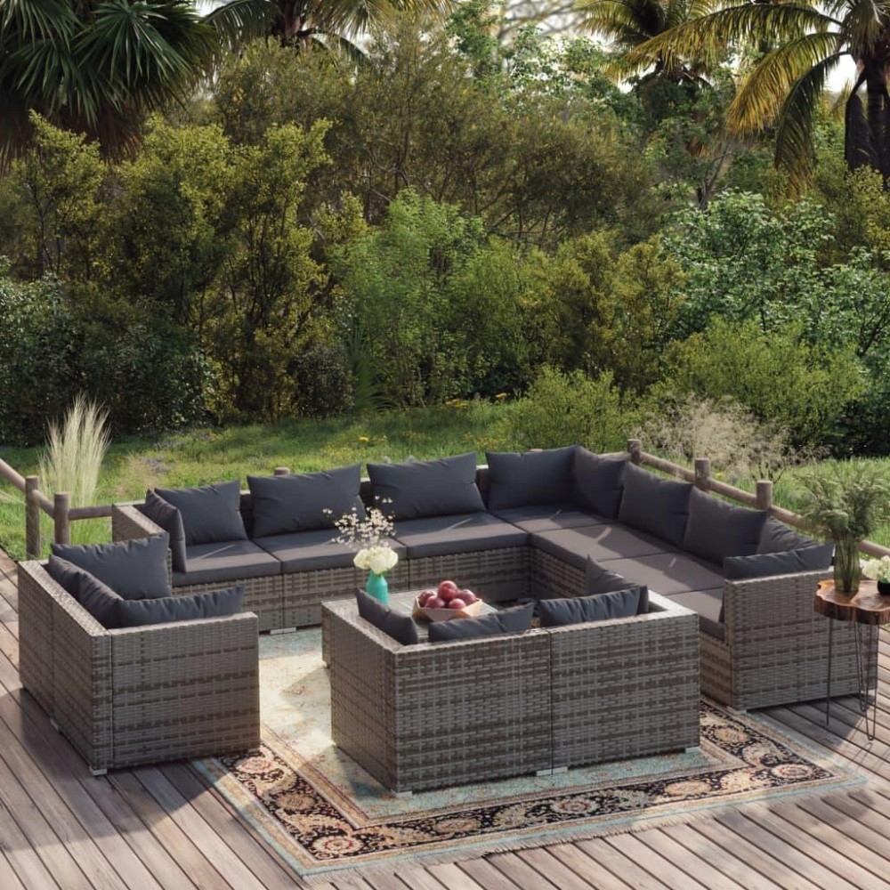 vidaXL 12 Piece Patio Lounge Set with Cushions Gray Poly Rattan