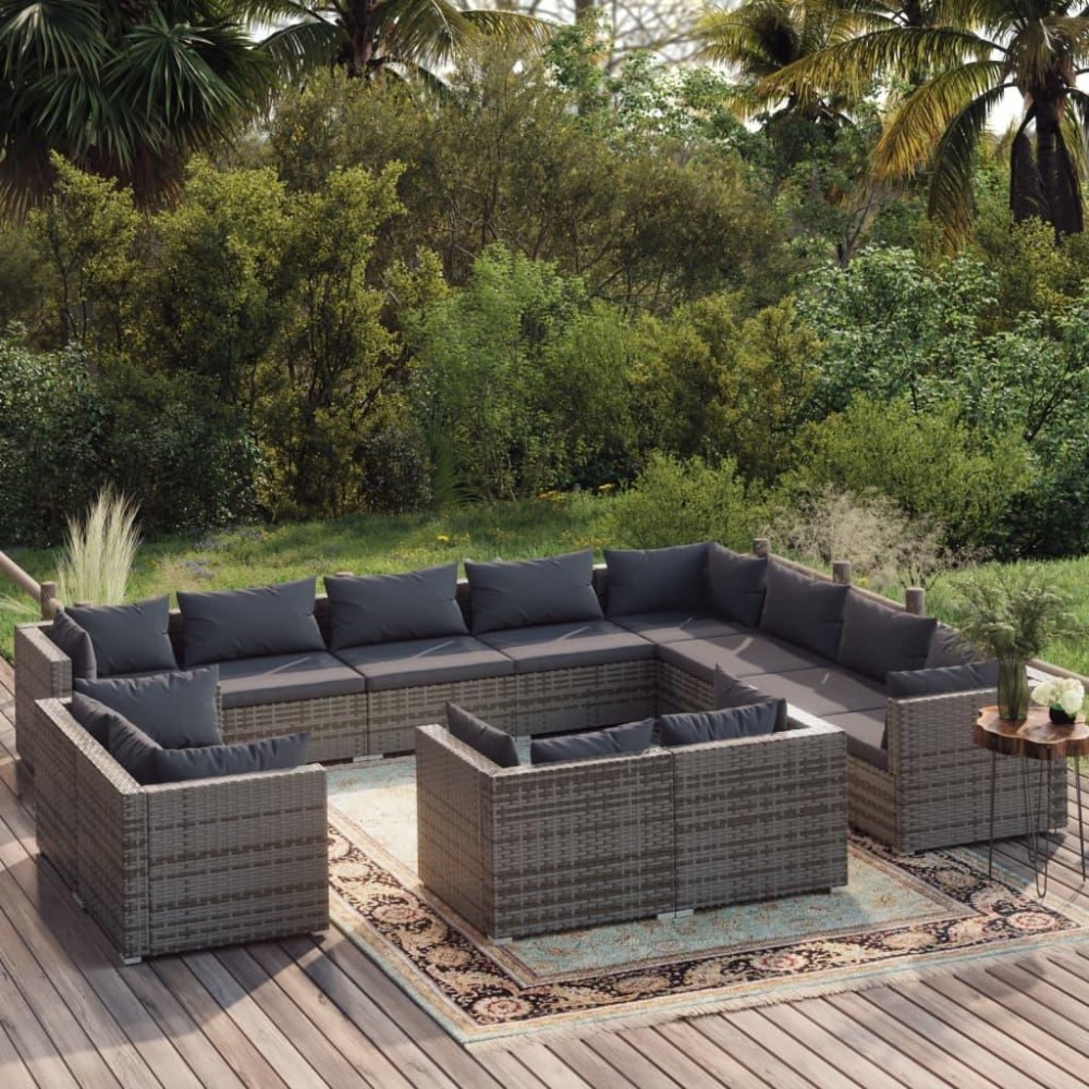 vidaXL 12 Piece Patio Lounge Set with Cushions Gray Poly Rattan