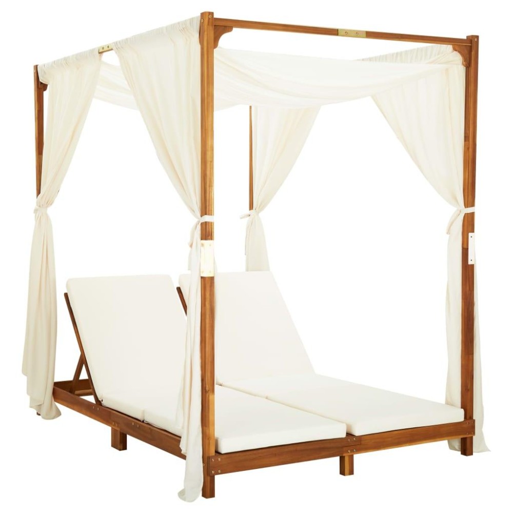 vidaXL Double Sun Lounger with Curtains & Cushions Solid Acacia Wood