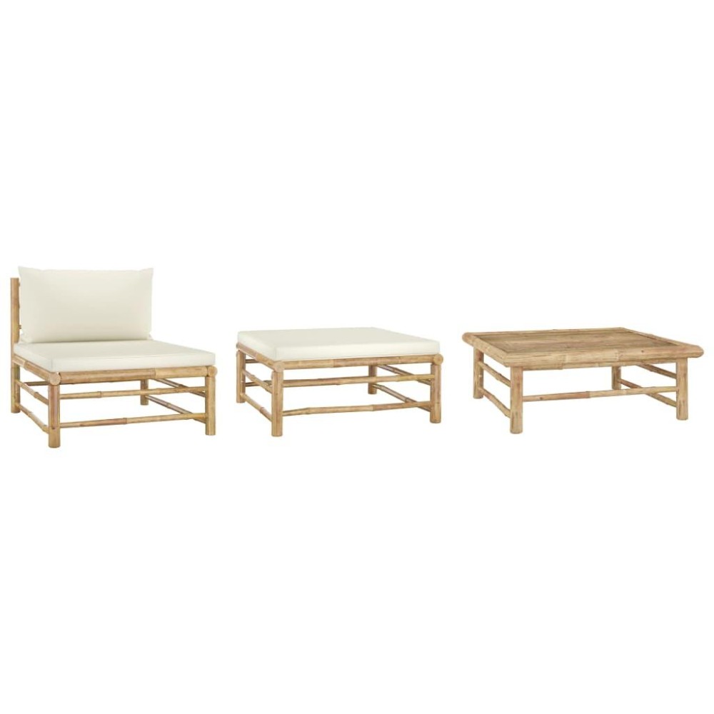 vidaXL 3 Piece Patio Lounge Set with Cream White Cushions Bamboo