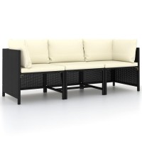 vidaXL 3-Seater Patio Sofa with Cushions Black Poly Rattan