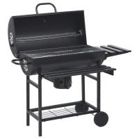 vidaXL Barrel Grill with Wheels and Shelves Black Steel 45.3