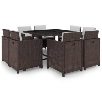 vidaXL 9 Piece Patio Dining Set with Cushions Poly Rattan Brown