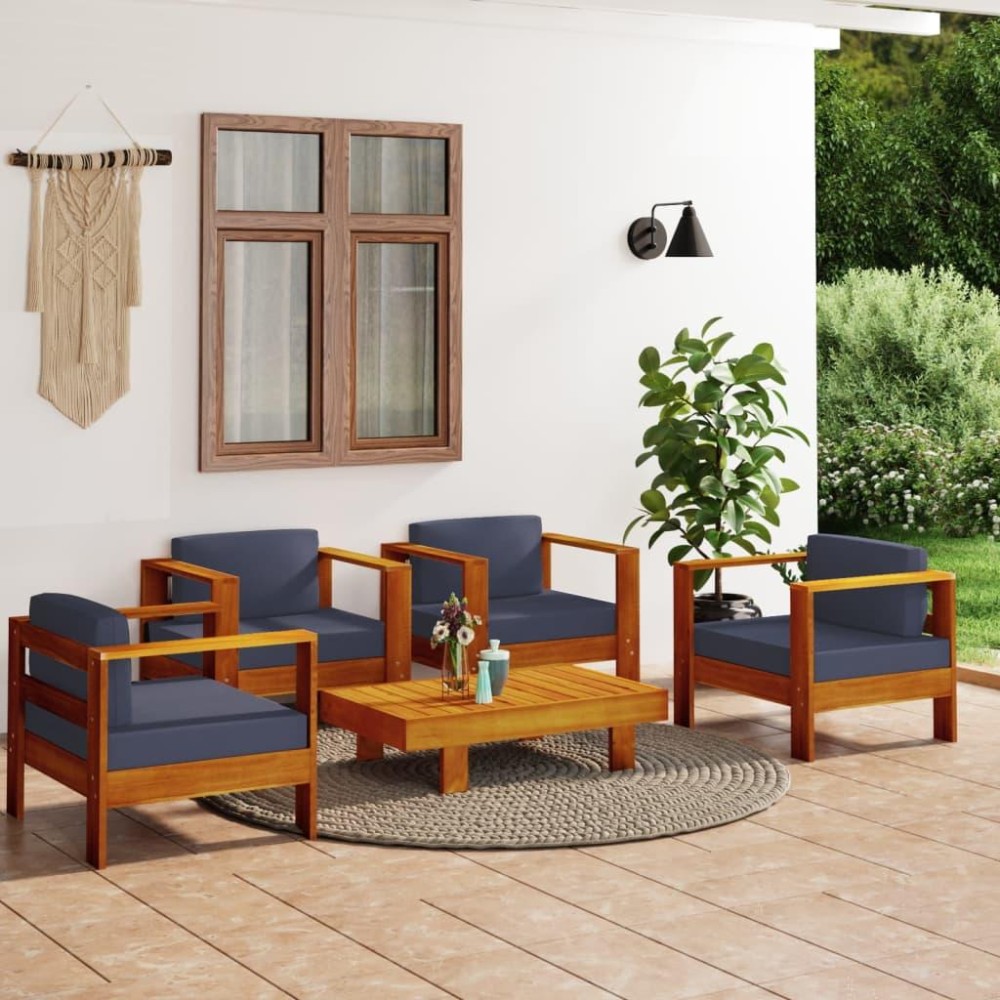 vidaXL 5 Piece Patio Lounge Set with Dark Gray Cushions Solid Wood