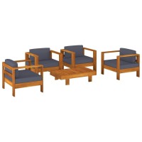 vidaXL 5 Piece Patio Lounge Set with Dark Gray Cushions Solid Wood