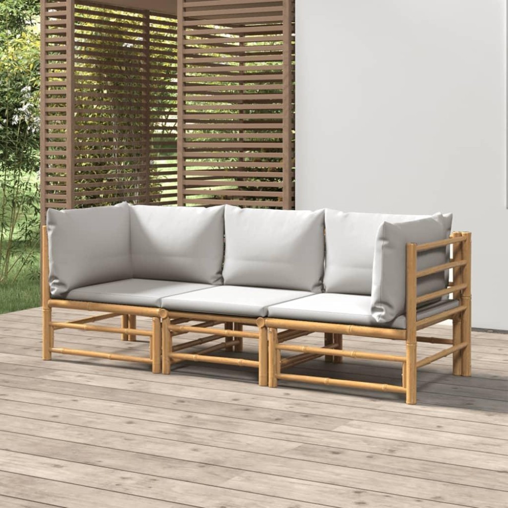 Vidaxl 3 Piece Patio Lounge Set With Light Gray Cushions Bamboo