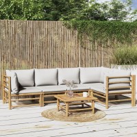 vidaXL 6 Piece Patio Lounge Set with Light Gray Cushions Bamboo