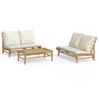 vidaXL 3 Piece Patio Lounge Set with Cream White Cushions Bamboo