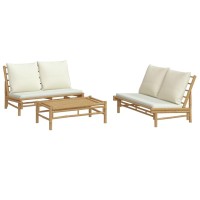 vidaXL 3 Piece Patio Lounge Set with Cream White Cushions Bamboo