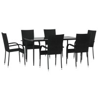 Vidaxl 7 Piece Patio Dining Set Black Poly Rattan