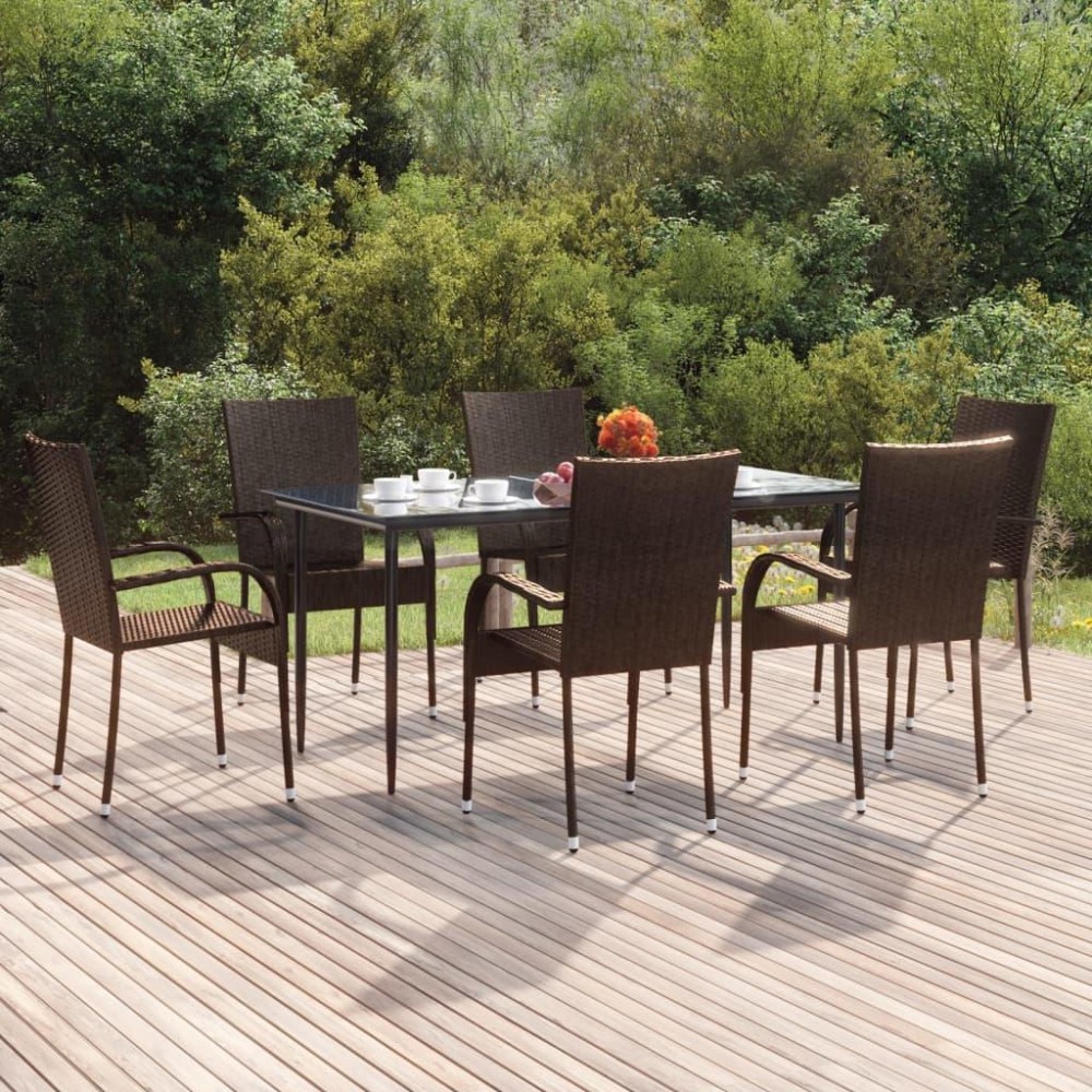 Vidaxl 7 Piece Patio Dining Set Brown Poly Rattan