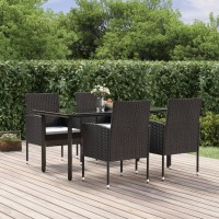 vidaXL 5 Piece Patio Dining Set with Cushions Black Poly Rattan