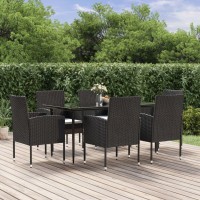 vidaXL 7 Piece Patio Dining Set with Cushions Black Poly Rattan