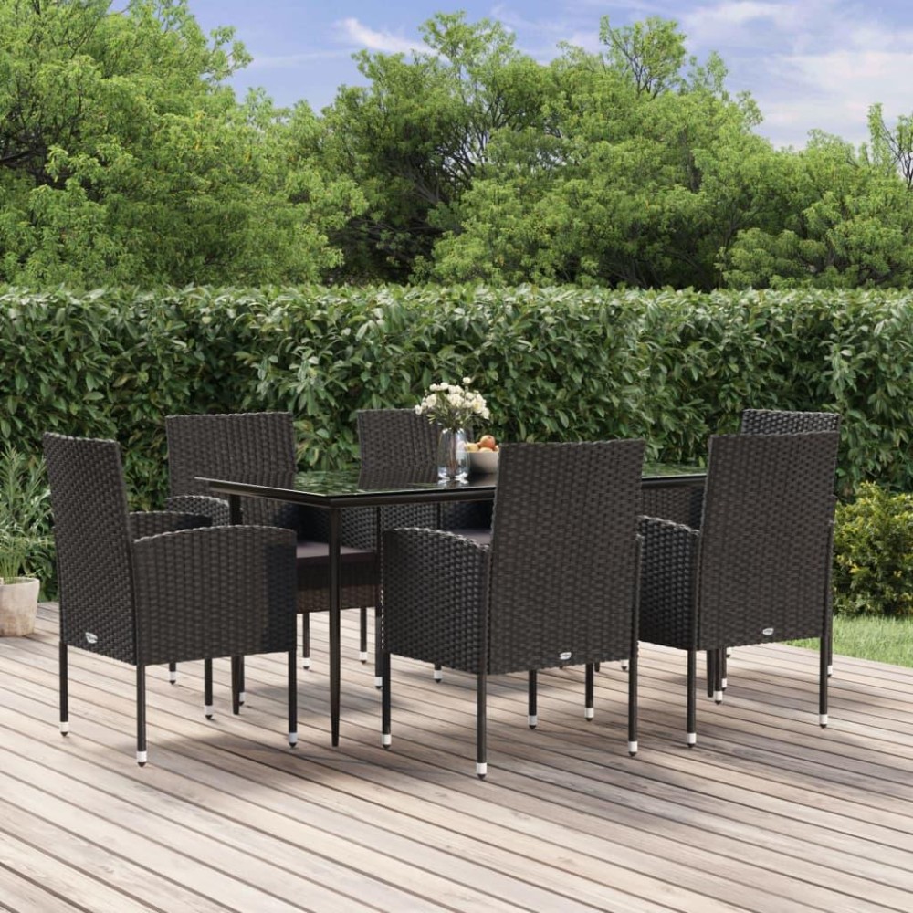 vidaXL 7 Piece Patio Dining Set with Cushions Black Poly Rattan