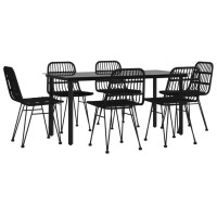 Vidaxl 7 Piece Patio Dining Set Black Poly Rattan