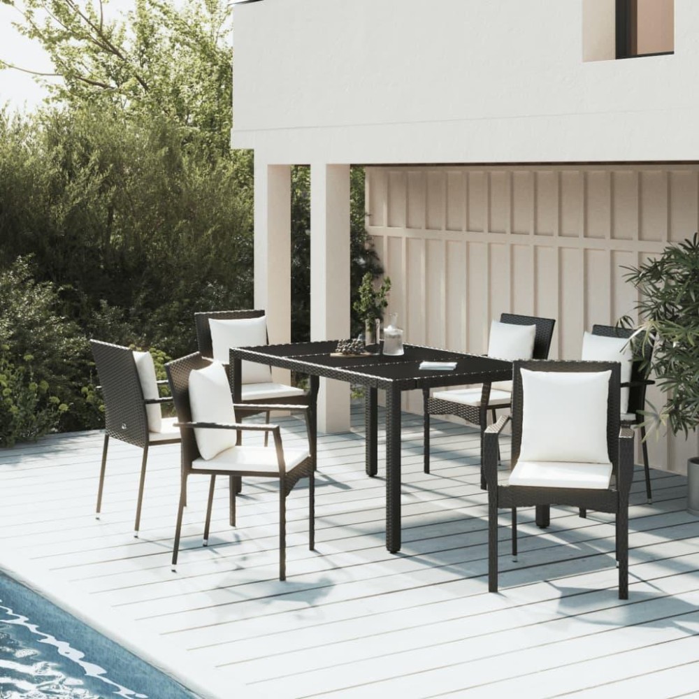 Vidaxl 7 Piece Patio Dining Set With Cushions Black Poly Rattan