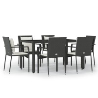 Vidaxl 7 Piece Patio Dining Set With Cushions Black Poly Rattan