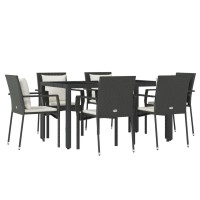 Vidaxl 7 Piece Patio Dining Set With Cushions Black Poly Rattan