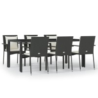 Vidaxl 7 Piece Patio Dining Set With Cushions Black Poly Rattan