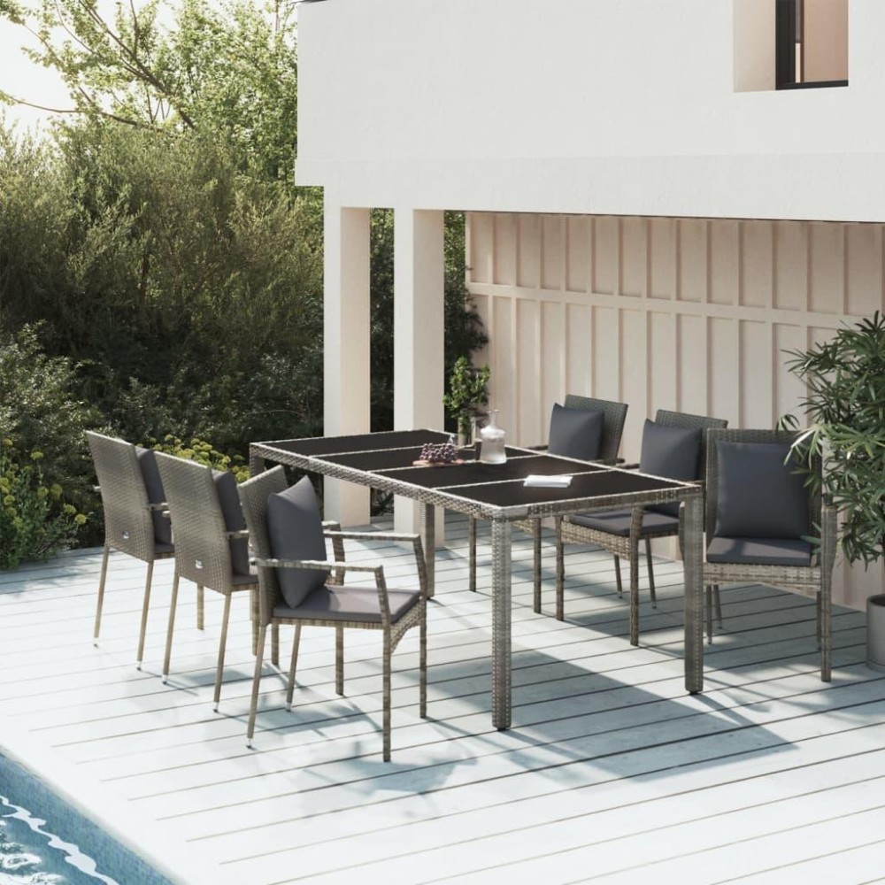 Vidaxl 7 Piece Patio Dining Set With Cushions Gray Poly Rattan