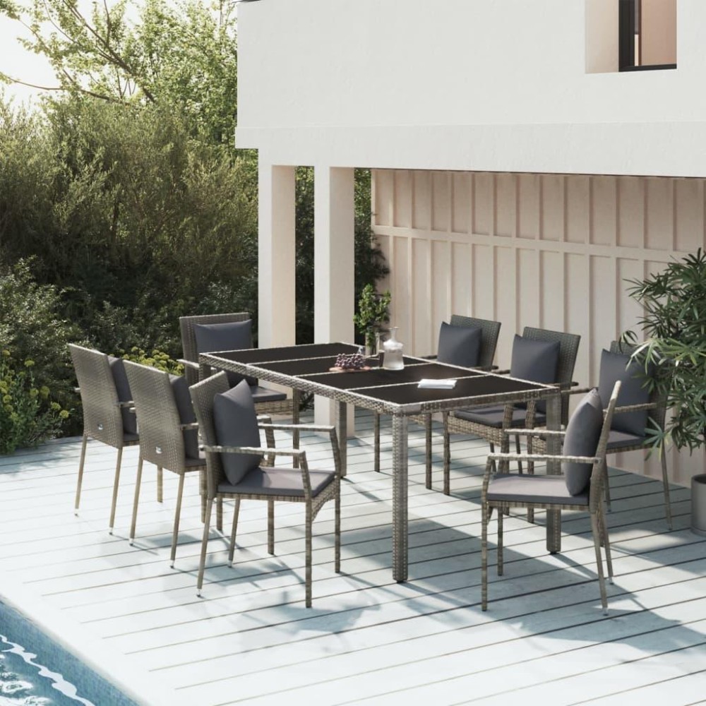 vidaXL 9 Piece Patio Dining Set with Cushions Gray Poly Rattan