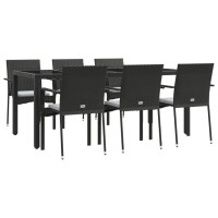 Vidaxl 7 Piece Patio Dining Set With Cushions Black Poly Rattan