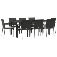 vidaXL 9 Piece Patio Dining Set with Cushions Black Poly Rattan