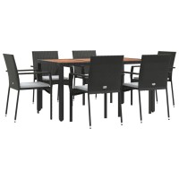 Vidaxl 7 Piece Patio Dining Set With Cushions Black Poly Rattan