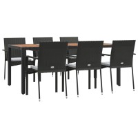 Vidaxl 7 Piece Patio Dining Set With Cushions Black Poly Rattan