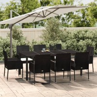 vidaXL 9 Piece Patio Dining Set with Cushions Black Poly Rattan