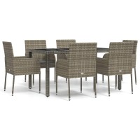 vidaXL 7 Piece Patio Dining Set with Cushions Gray Poly Rattan