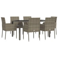 vidaXL 7 Piece Patio Dining Set with Cushions Gray Poly Rattan