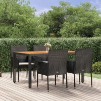 Vidaxl 5 Piece Patio Dining Set With Cushions Black Poly Rattan