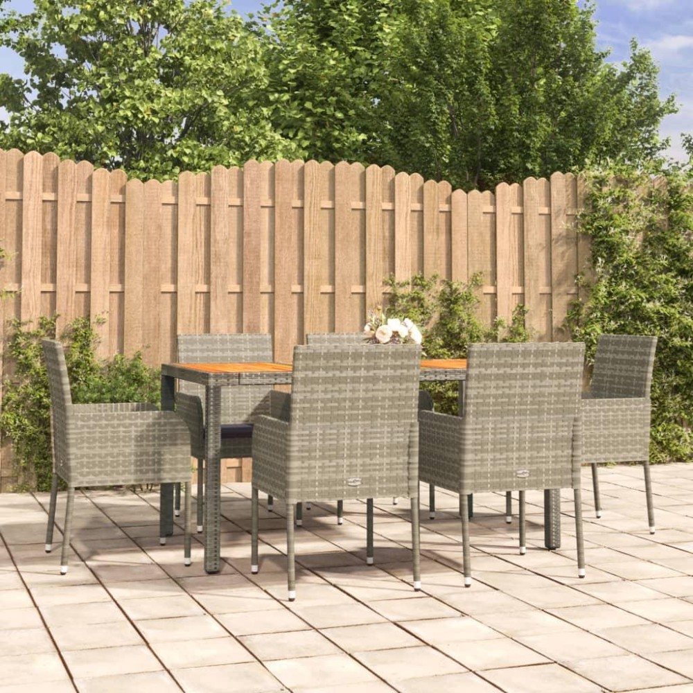 vidaXL 7 Piece Patio Dining Set with Cushions Gray Poly Rattan