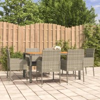 vidaXL 7 Piece Patio Dining Set with Cushions Gray Poly Rattan