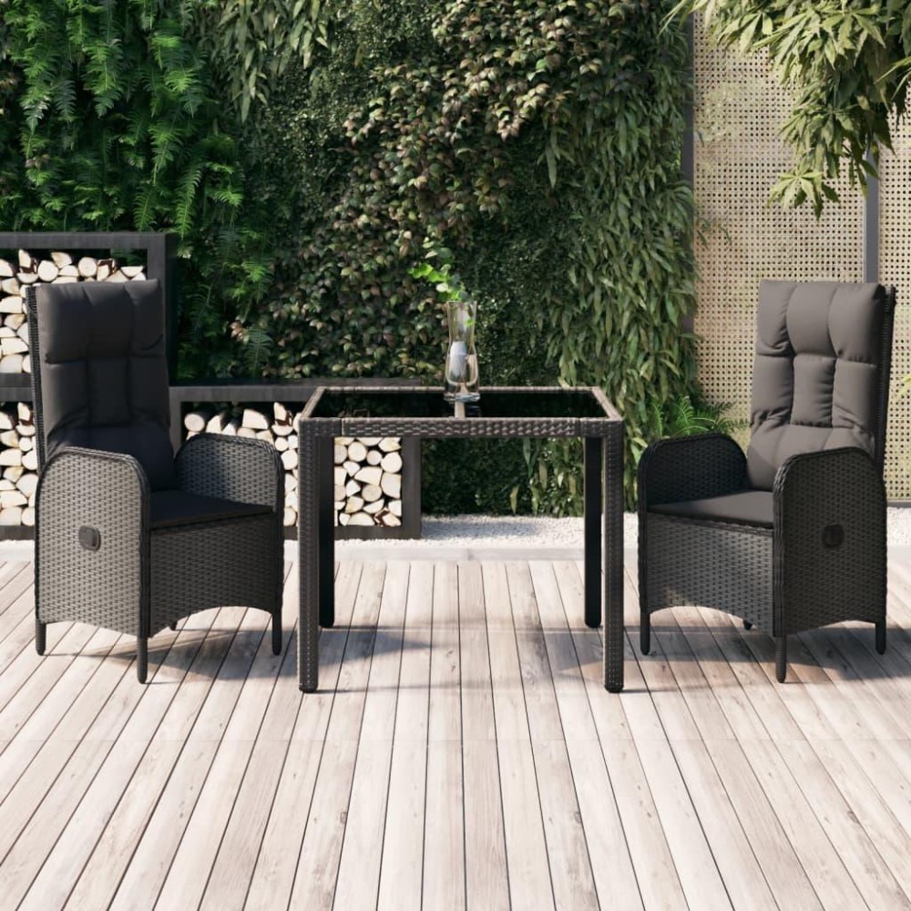 vidaXL 3 Piece Patio Dining Set with Cushions Black Poly Rattan