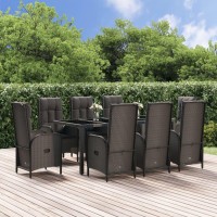 vidaXL 9 Piece Patio Dining Set with Cushions Black and Gray Poly Rattan