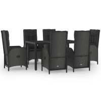 vidaXL 7 Piece Patio Dining Set with Cushions Black Poly Rattan