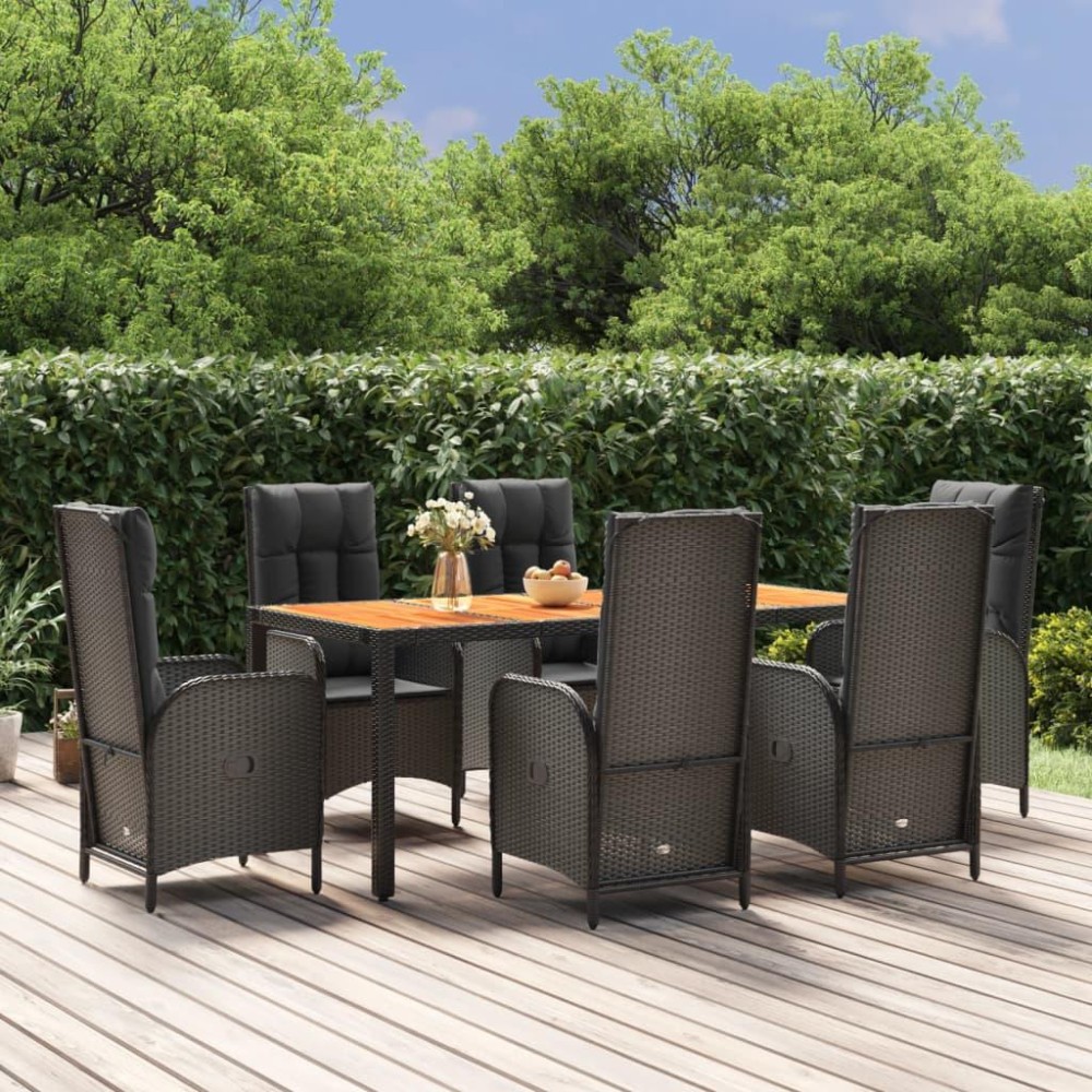 vidaXL 7 Piece Patio Dining Set with Cushions Black Poly Rattan