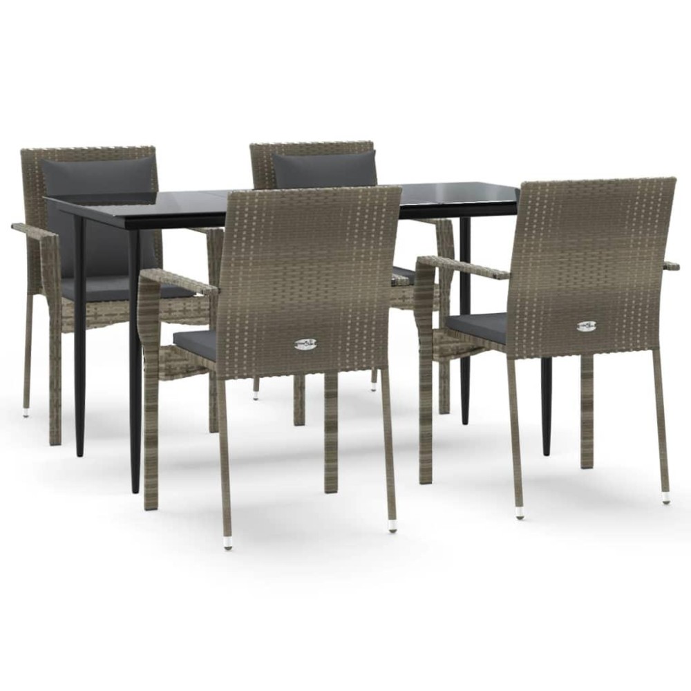 vidaXL 5 Piece Patio Dining Set with Cushions Black and Gray Poly Rattan