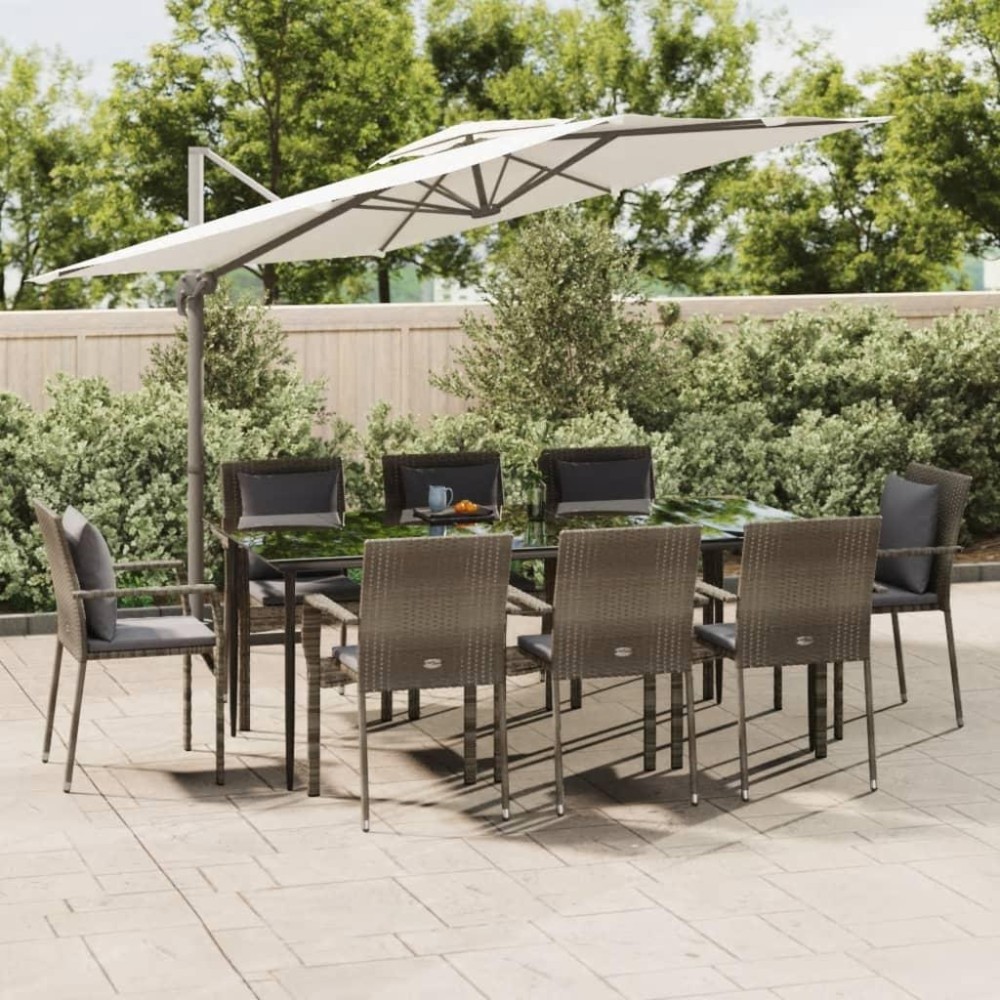 vidaXL 9 Piece Patio Dining Set with Cushions Black and Gray Poly Rattan