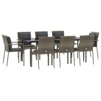 vidaXL 9 Piece Patio Dining Set with Cushions Black and Gray Poly Rattan