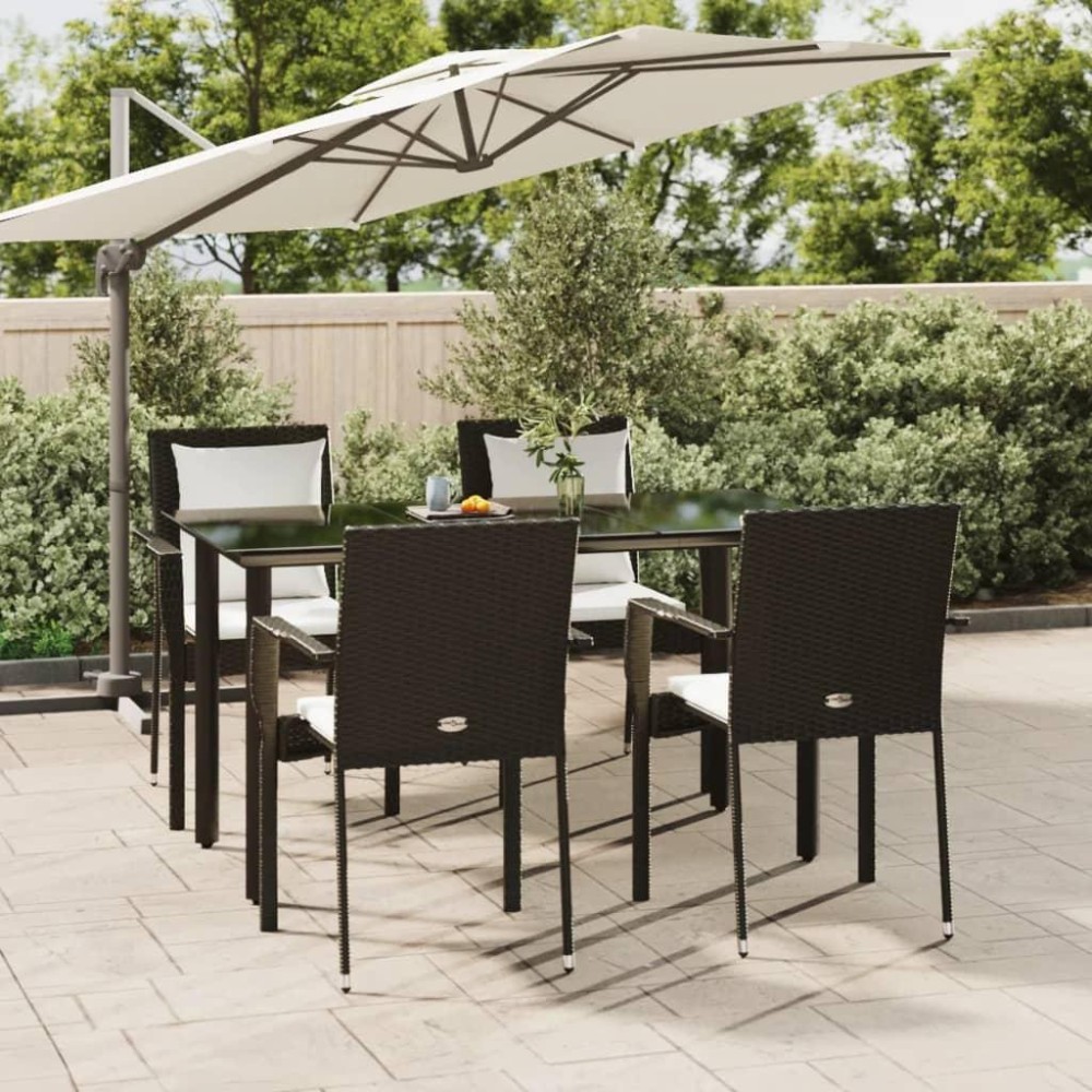 vidaXL 5 Piece Patio Dining Set with Cushions Black Poly Rattan