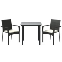 vidaXL 3 Piece Patio Dining Set with Cushions Black Poly Rattan