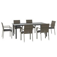 Vidaxl 7 Piece Patio Dining Set With Cushions Black And Gray Poly Rattan