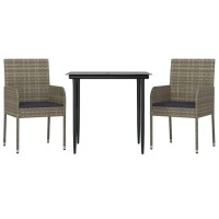 vidaXL 3 Piece Patio Dining Set with Cushions Black and Gray Poly Rattan