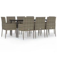 vidaXL 9 Piece Patio Dining Set with Cushions Black and Gray Poly Rattan