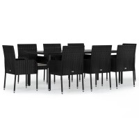 vidaXL 9 Piece Patio Dining Set with Cushions Black Poly Rattan