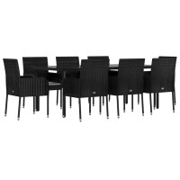 vidaXL 9 Piece Patio Dining Set with Cushions Black Poly Rattan